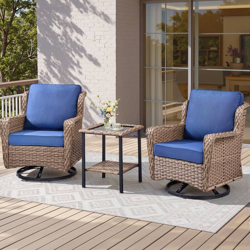 Pocassy Outdoor Wicker Chairs Ottoman with Side Table Funiture Set. - Brown Wicker Blue Cushion - 5-Piece Patio Chair Ottoman with Side Table