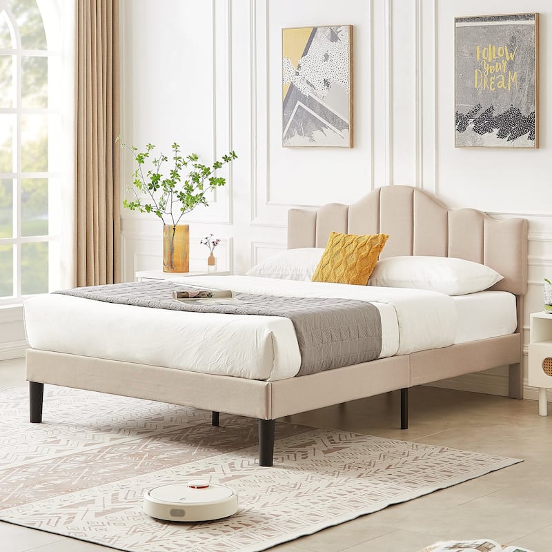 VECELO Modern Upholstered Platform Bed with Adjustable Headboard, Dark Blue/ White/ Grey/ Beige Bed Frames