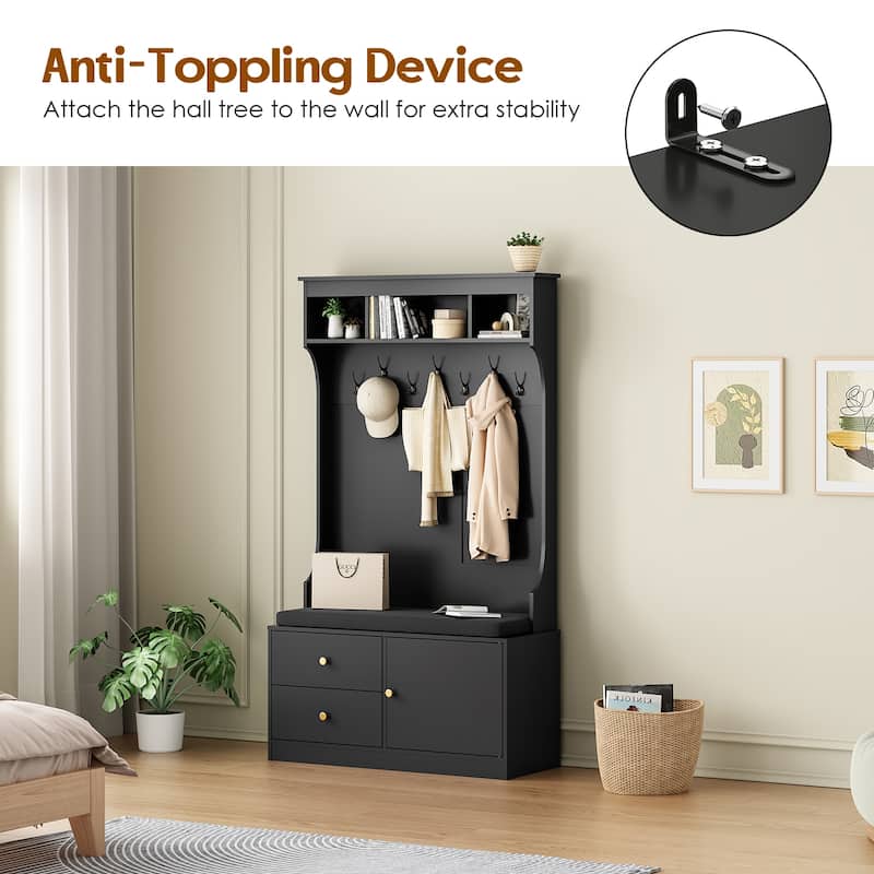 Hall Tree with Bench and Shoe Storage, Mud Room with Seating and 7 Hooks, 6-in-1,for Entryway, 70.9"