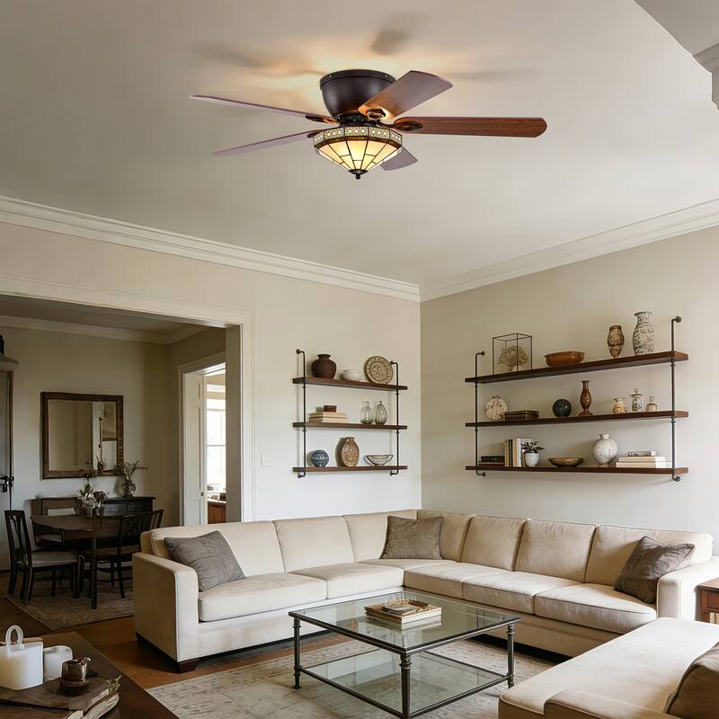 Margno 52-Inch Flushmount Lighted Ceiling Fan Jewel Cut Design Tiffany Glass Lamp Black Finish