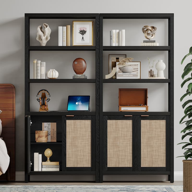SICOTAS 5 Tier Adjustable Bookshelf with Rattan Storage Cabinet