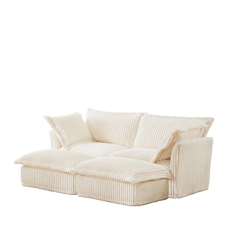 Modern 2 Seater Upholstered Sofa with 2 Ottomans and 2 Pillows