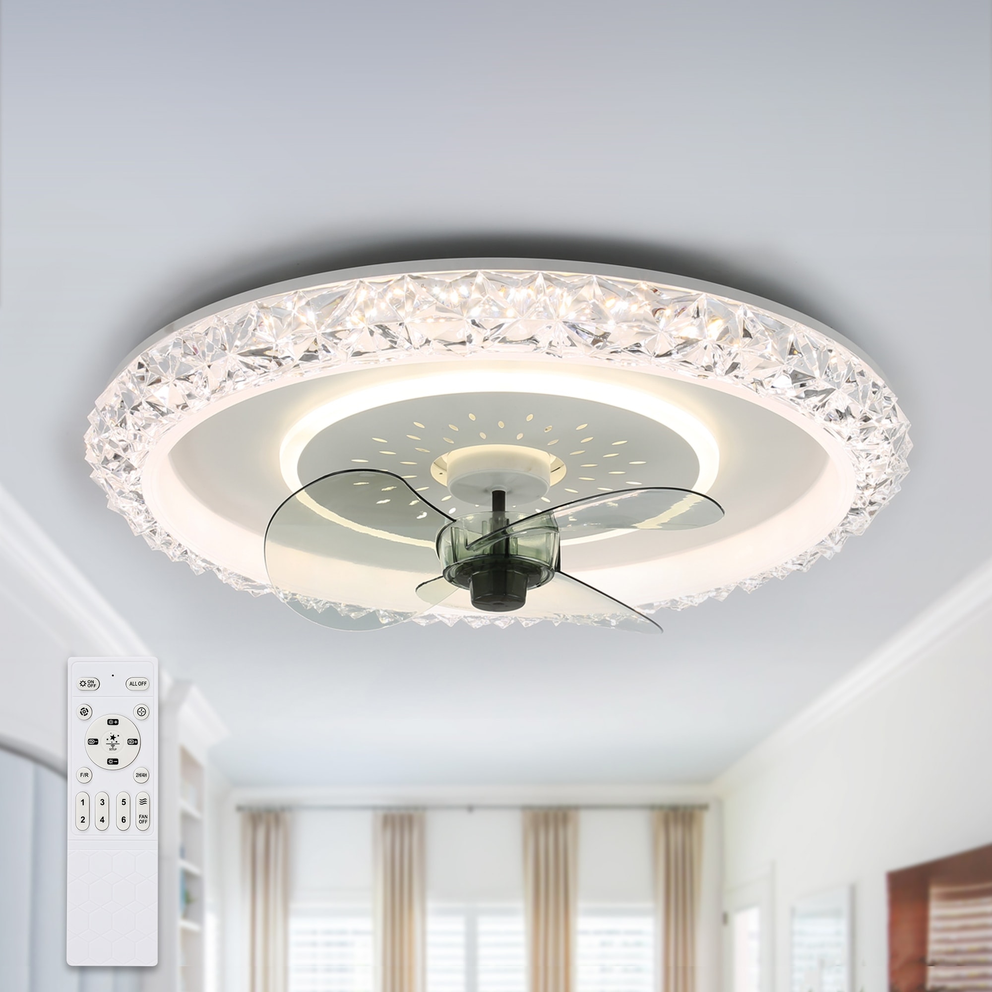 Bella Depot 20" White Modern Flush Mount Ceiling Fan,6- Speed Low Profile Crystal Ceiling Fan with Remote and Dimmable Light