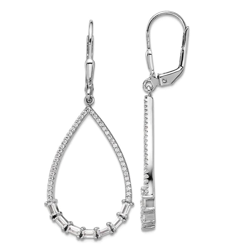Curata 925 Sterling Silver Baguette and Round Cubic Zirconia Large Teardrop Leverback Earrings - 45x19mm