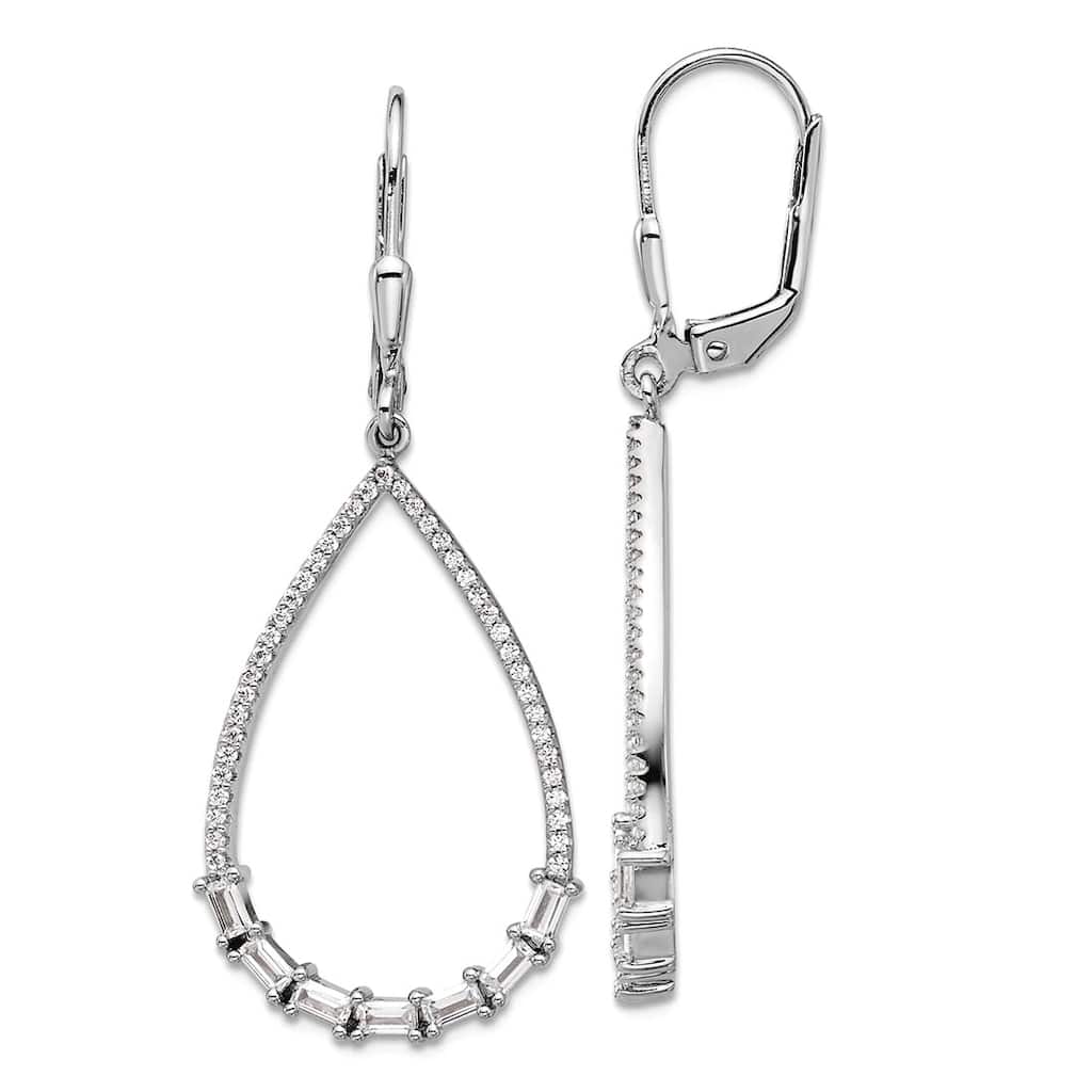 Curata 925 Sterling Silver Baguette and Round Cubic Zirconia Large Teardrop Leverback Earrings - 45x19mm