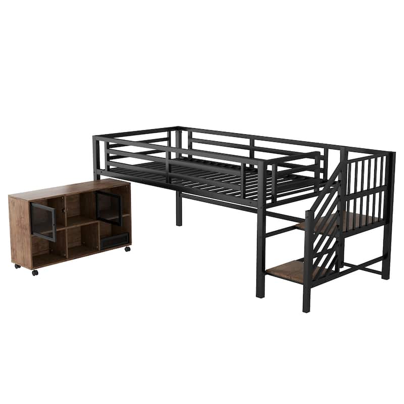 Twin Size Metal Loft Bed with Movable Storage Cabinets, Low Loft Bed Metal Frame Bed with Stairs for Kids