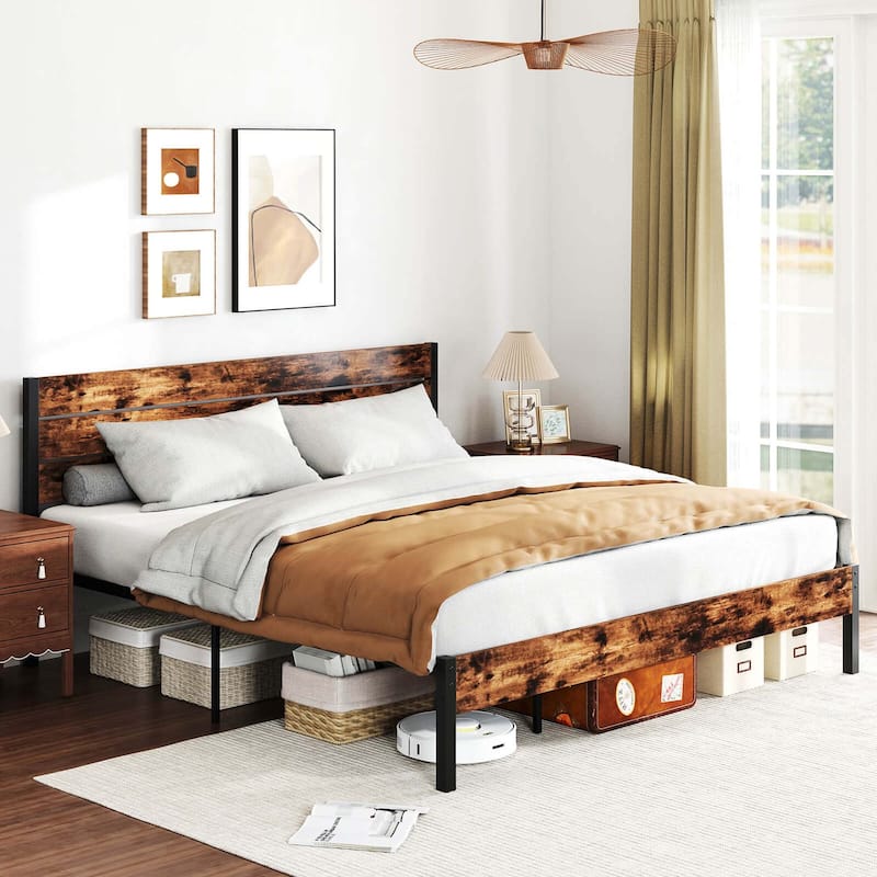 Costway Twin/Full/Queen/King Bed Frame with Tall Industrial Headboard - King
