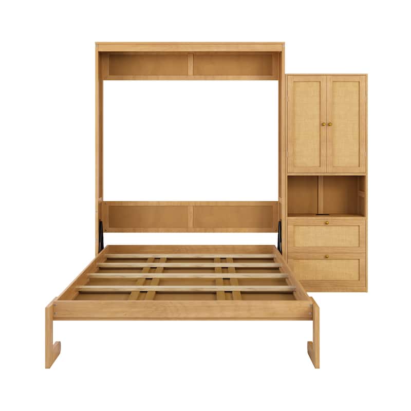 Foldable Bed Convert Cube Cabinet Rattan Murphy Bed Space-Saving Bed