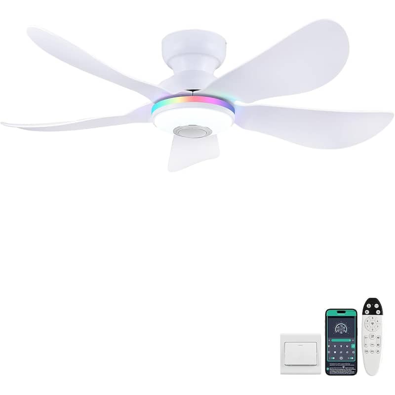 Kviflon 36/46 inches RGB Flush Mount Ceiling Fan with Light and Remote and Speaker-White
