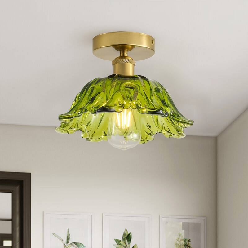 Vintage 1-Light Green Glass Semi Flush Mount Ceiling Fixture with Brass Base
