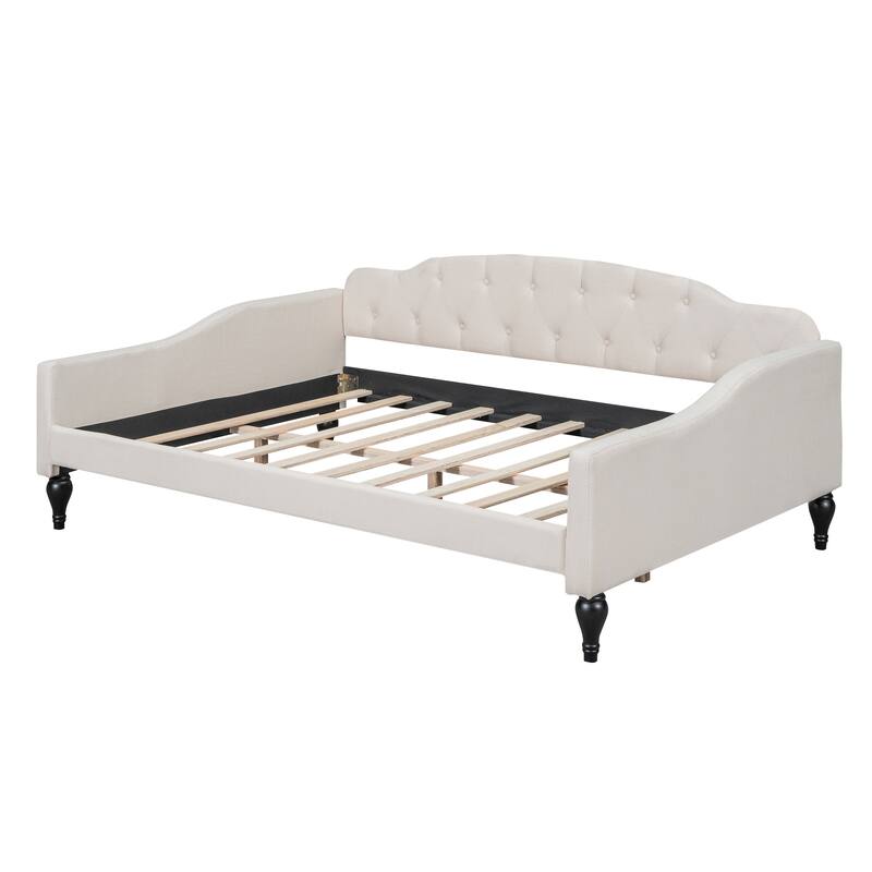 Full Size Upholstered Tufted Daybed in Beige with Linen Fabric