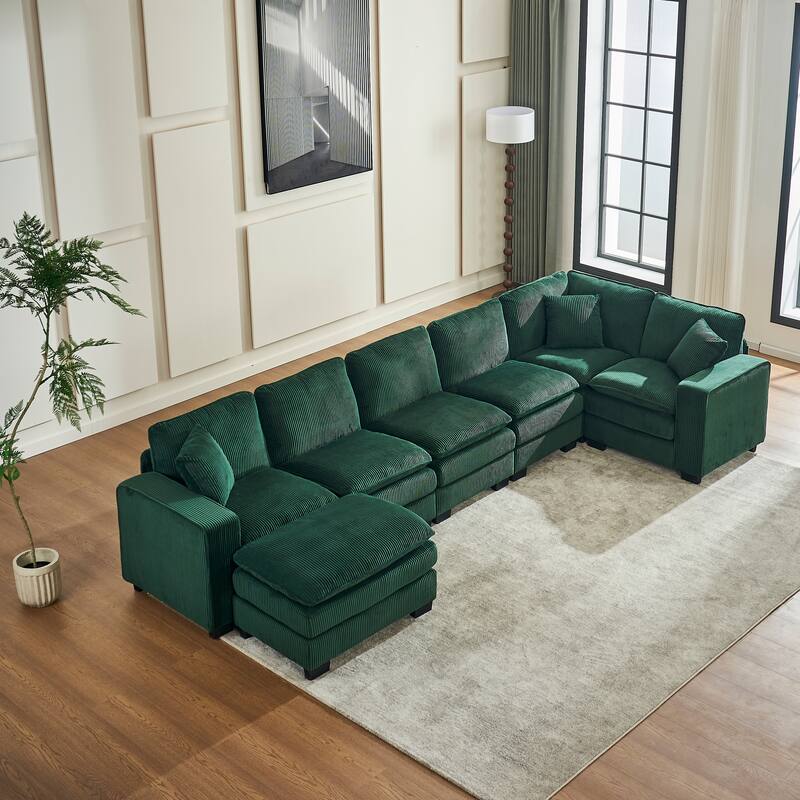 Green 118.1'' Luxurious U-Shaped 6-Seat Sectional Sofa with Ottoman and 3 Throw Pillows in Durable Corduroy
