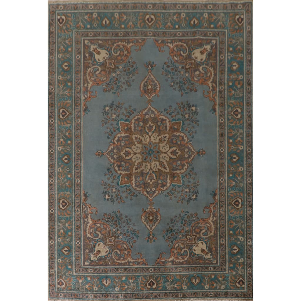 Blue Over Dyed Tabriz Persian Vintage Rug Handmade Wool Carpet - 8'2"x 11'4"