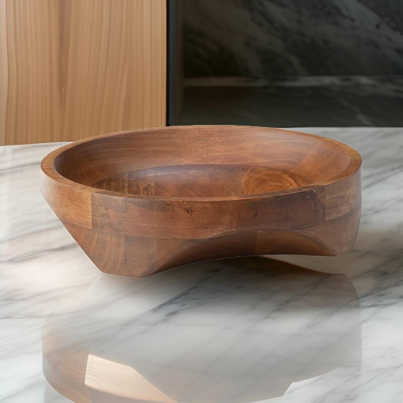 Myra Bowl, Carved Pattern at the Bottom, Food Safe, Brown Wood, 14 Inch