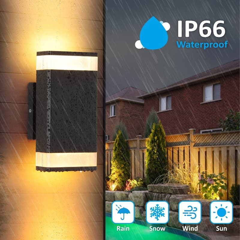 IP66 Waterproof 10W Warm White Integrated Square Outdoor Lights Black Aluminum LED Wall Lamp 2-Pack - N/A