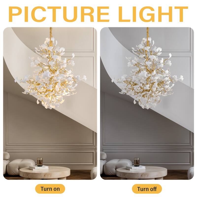 Modern Ginkgo Leaf Ceramic Chandelier, Moon Ring Round Pendant Light, D550-D1200, Gold Finish