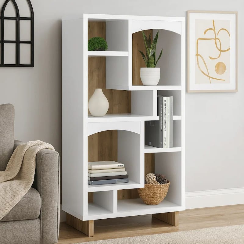 Aton Bookcase, Multiple Shelves and Compartments, Distressed White