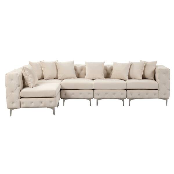 slide 2 of 11, Large L-Shaped Modular Sofa, 5-Seat Velvet Sectional Couch Beige