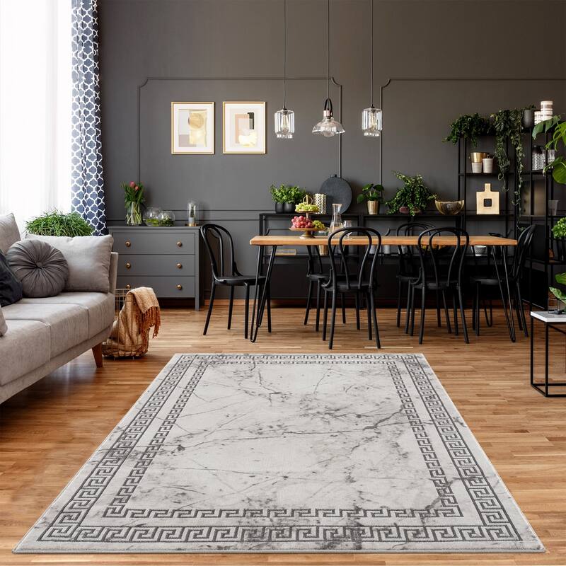 La Dole Rugs Silver Grey Ivory Abstract Marble Bordered Modern Greek Area Rug For Living Room Bedroom Hallway Runner - 5'2"x7'6"