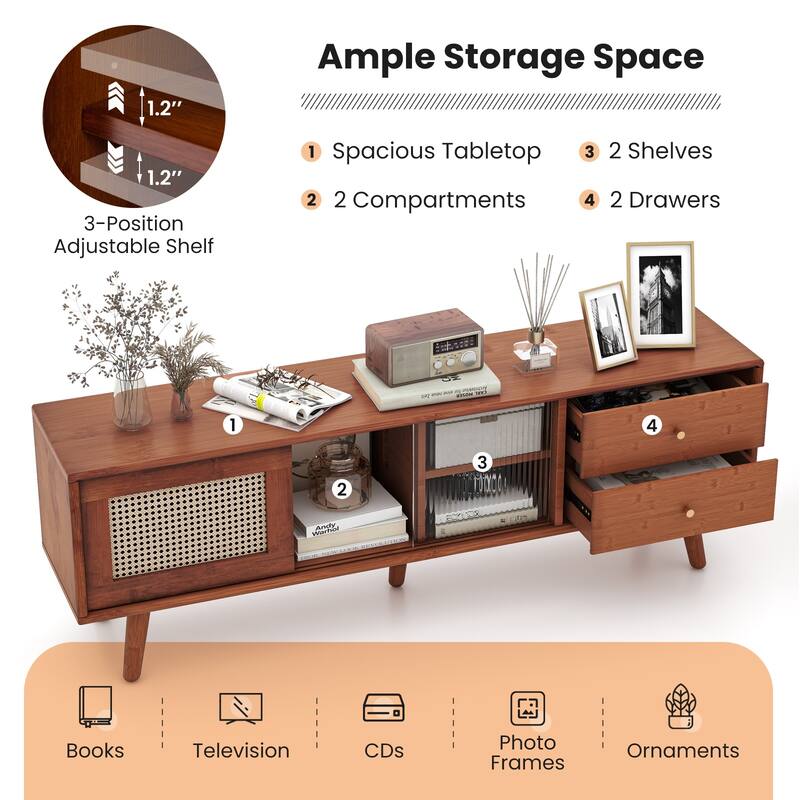 Wood Rattan Glass TV Stand with Drawers and Adjustable Shelves - 55" x 12" x 18"