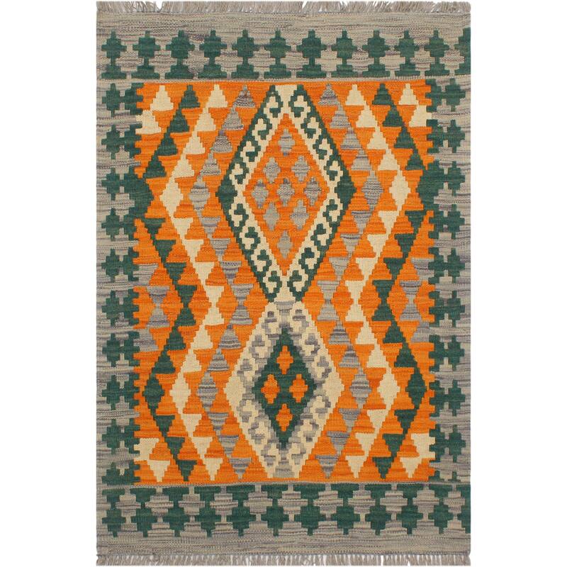 Tribal Turkish Kilim Elfriede Orange Purple Hand-Woven Wool Rug - 2'2'' x 3'1''