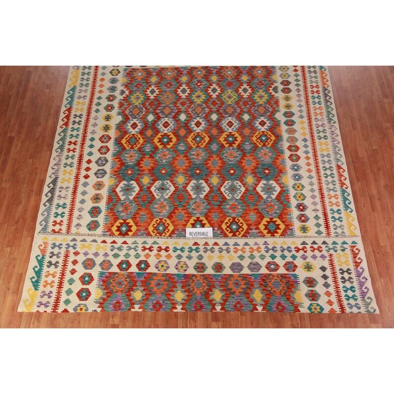 Kilim Oriental Area Rug Hand-Woven Geometric Wool Carpet - 10'3"x 13'1"