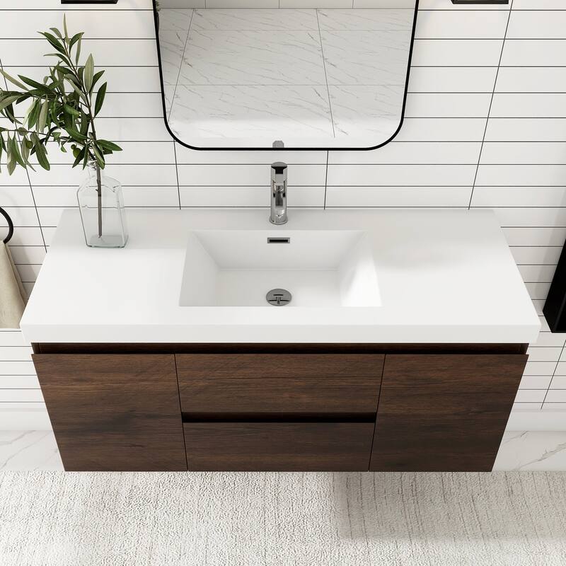 MDF Wall-Mounted Bathroom Vanity Set in Rose Wood with Integrated Culture Marble Sink