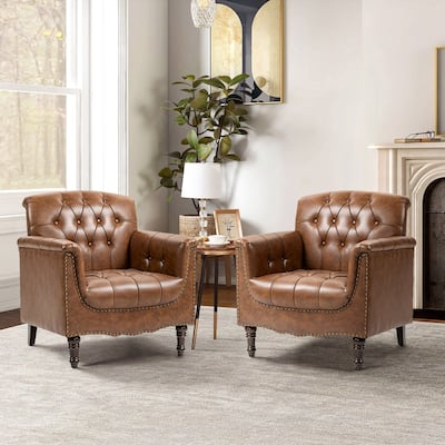 Set of 2 Tufted Vegan Leather Armchairs with Nailhead Trim and Wood Frame
