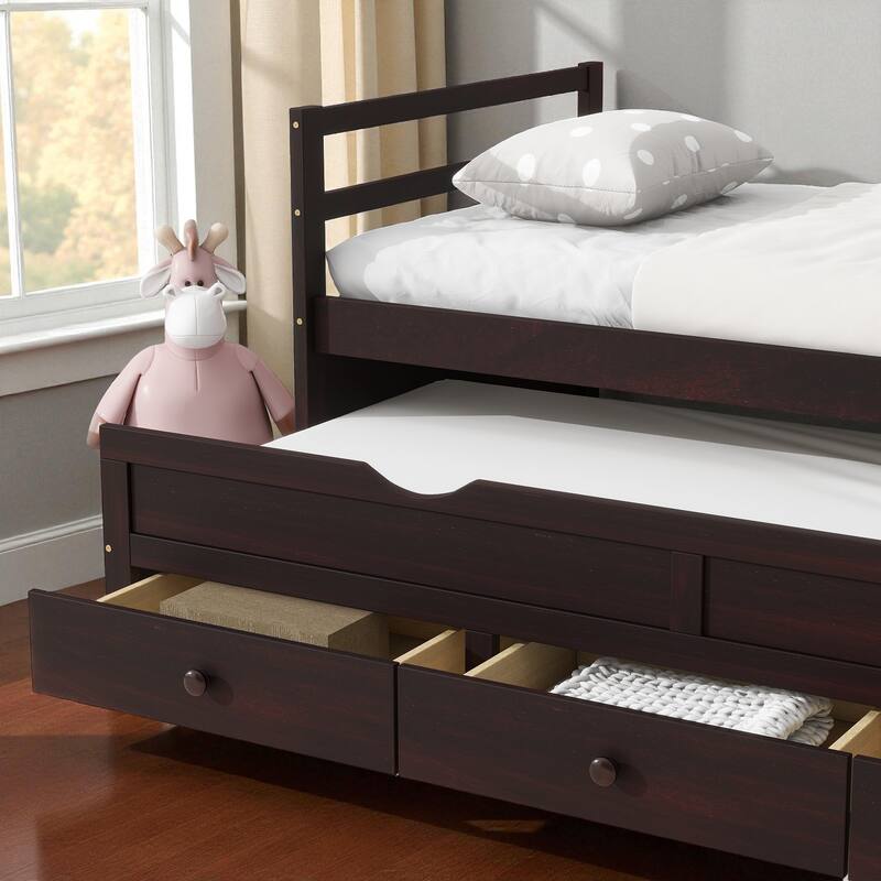 Twin Size Bed with Headboard, Footboard, Trundle, and Three Storage Drawers, Solid Pine Wood Twin Bed Frame with Storage