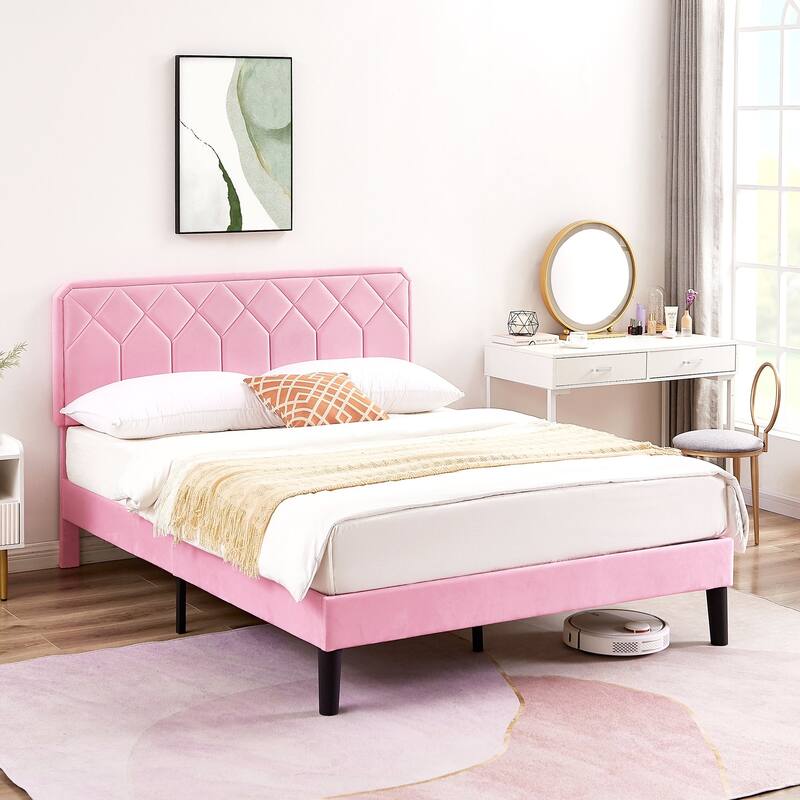 VECELO Pink Velvet Upholstered Bed Frame with Adjustable Headboard No Box Spring Needed Under Bed Storage Platform Bed - Full