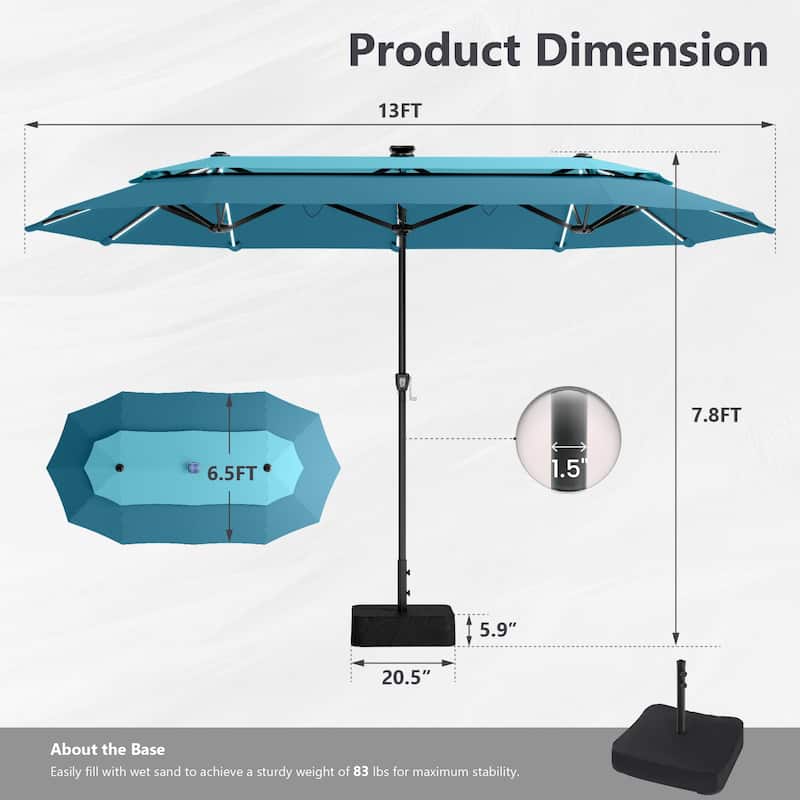 MAISON ARTS 13ft Double-Sided Outdoor Umbrella, 2-Tier Vented Market Umbrella with Colored Lights and Base