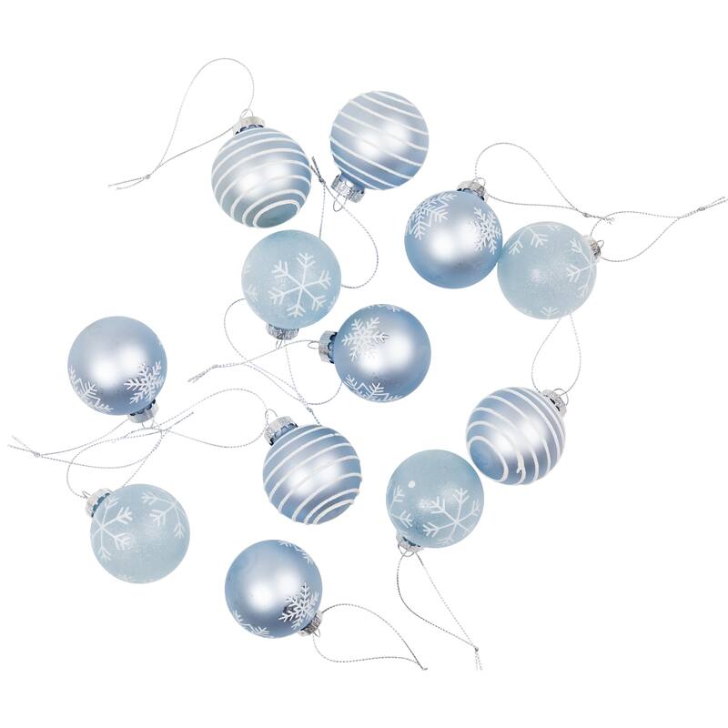12ct Light Blue Glitter Textured Glass Christmas Ball Ornaments 1.75"