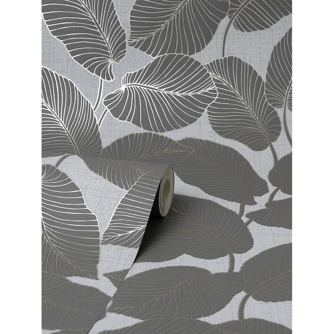 Fine Decor Larson Grey Leaf Wallpaper