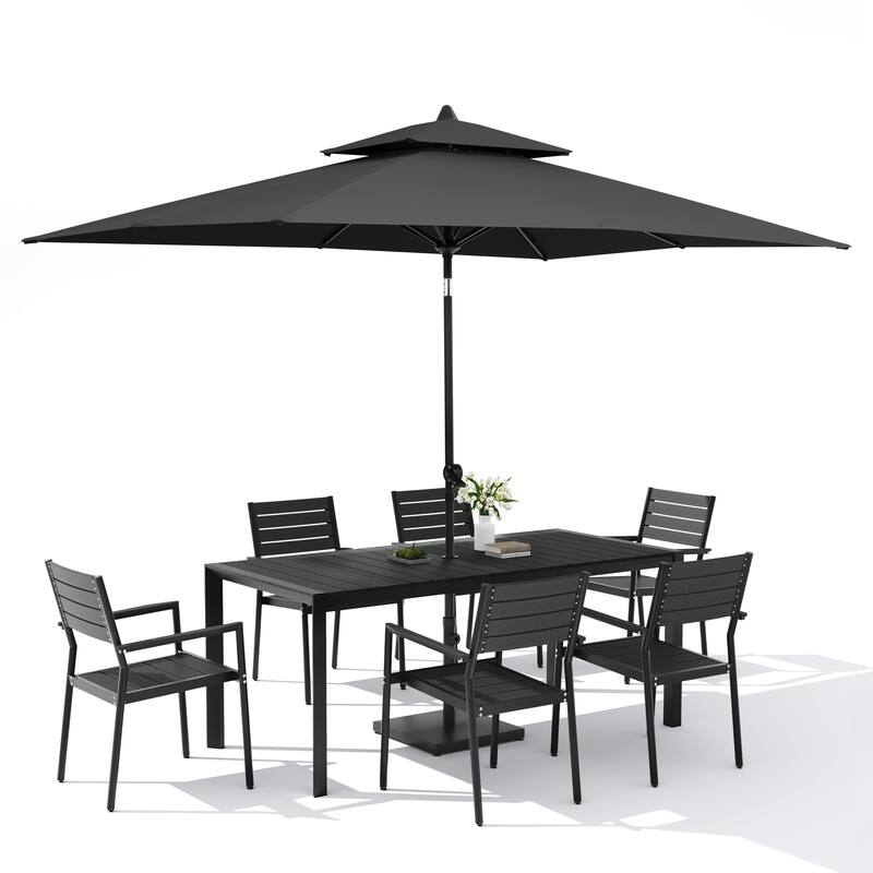9-Piece Outdoor Patio Dining Set Wood Like Aluminum Umbrella Hole Table with Stackable Armchairs, Market Umbrella and Base