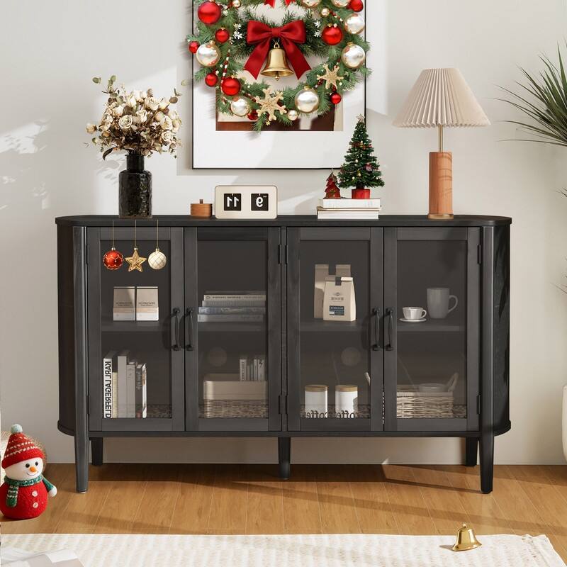58" Sideboard with 4 Glass Doors for Living Room and Dining Room Organization - Black