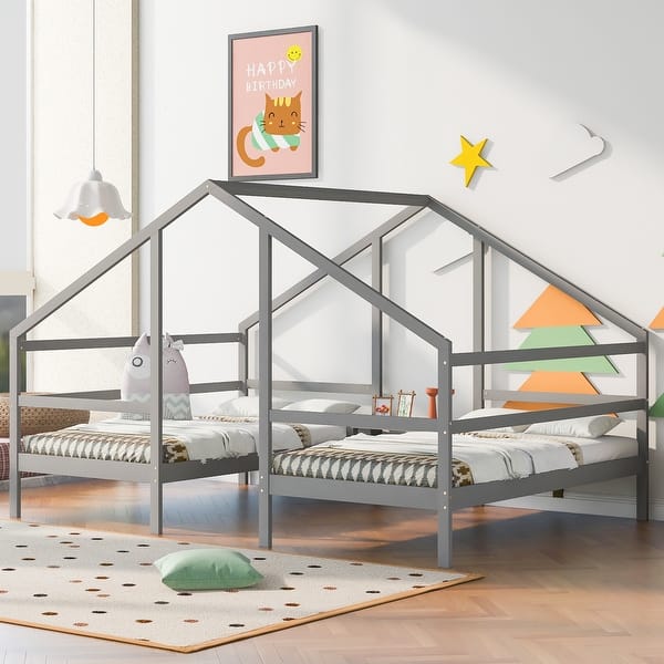 slide 2 of 11, Double Twin Size Triangular House Kids Beds Frame with Built-in Table, Grey Grey