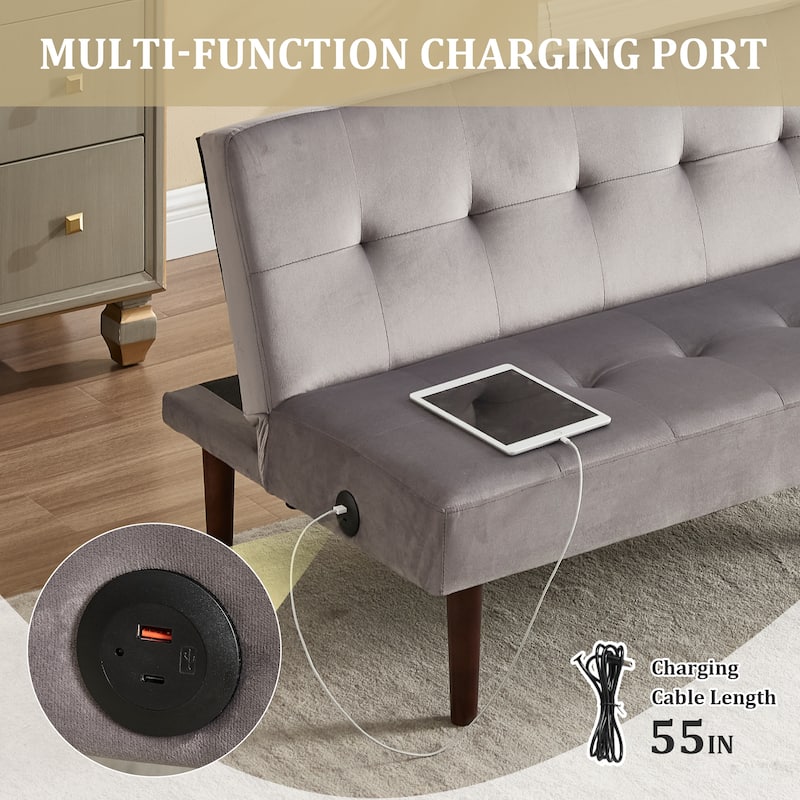 Foldable Fashion Sofa Bed High End Flannel Fabric Back Adjustable Sofa Recliner Futon, Modern Fashion Sofa with Charging Port