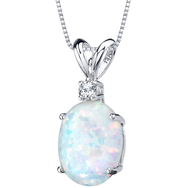 14k White Gold Gold Oval Shape Created Opal Diamond Pendant