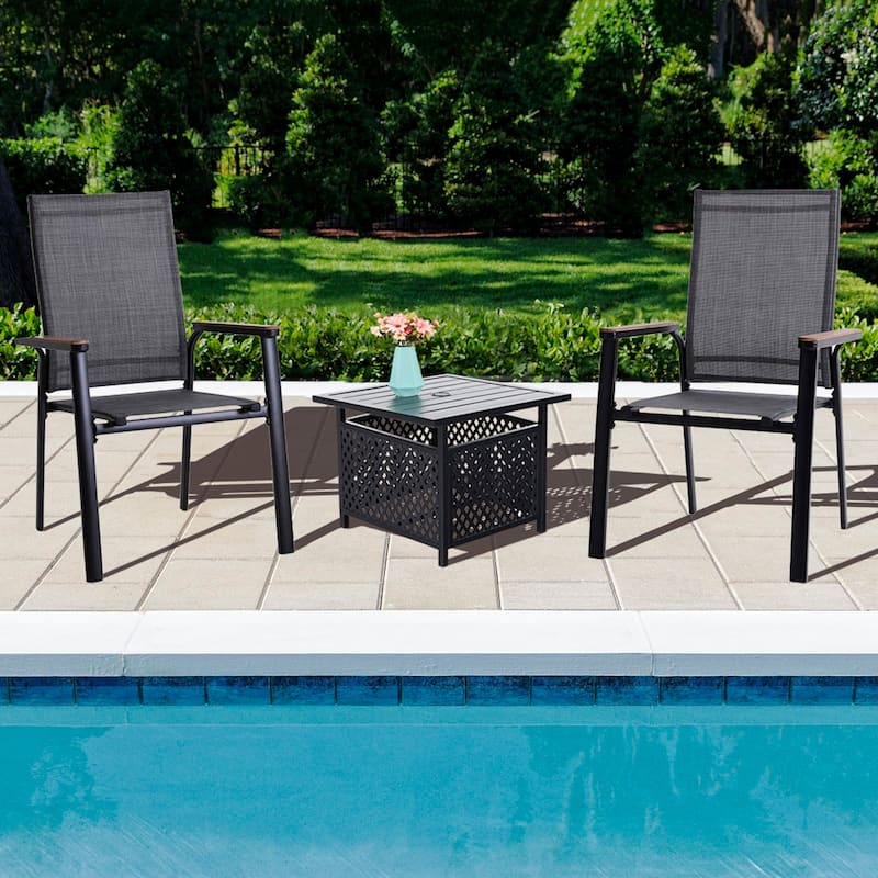 MAISON ARTS 3-Piece Bistro Set, 2 x Aluminium Stackable Dining Chairs and 1 x Side Table with Umbrella Hole