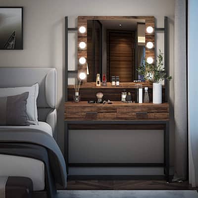 Makeup Vanity Dressing Table with Mirror, 8 Lights & 2 Drawers - 35.43"(W)*15.74"(D)*61.61"(H)