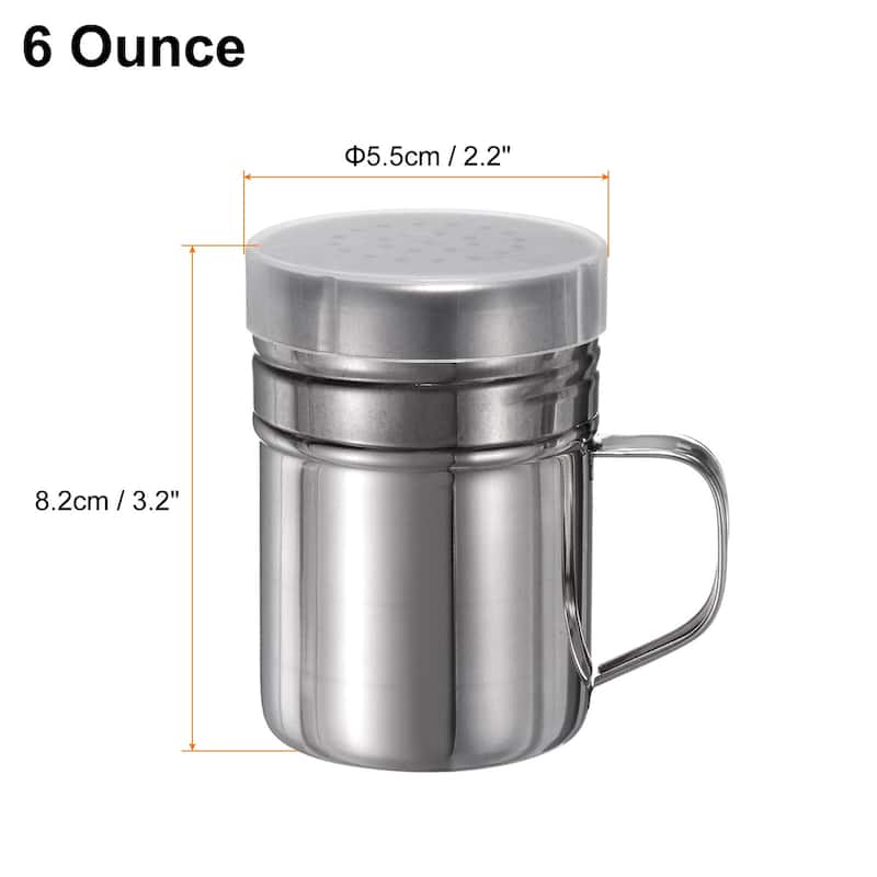 2x Salt Dredge Shakers Stainless Steel Spice Shakers W Handle and Lid - Silver - 6 Ounce