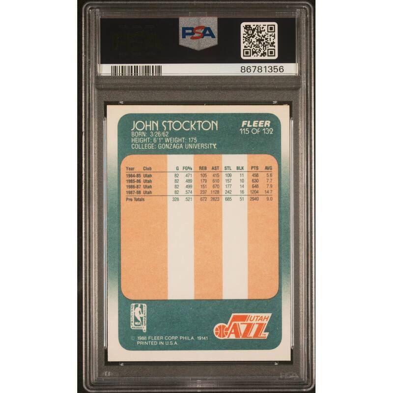 John Stockton 1988 Fleer Signed Basketball Rookie Card #115 Auto PSA 8 86781356 - 8'6" x 11'6"