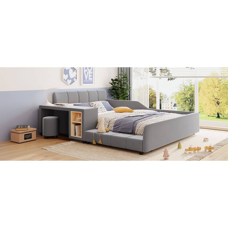 Roomfitters Full/Queen Size Upholstered Grounded Platform Bed with Bedside Desk and Round Stool, Velvet Fabric Bed Frame