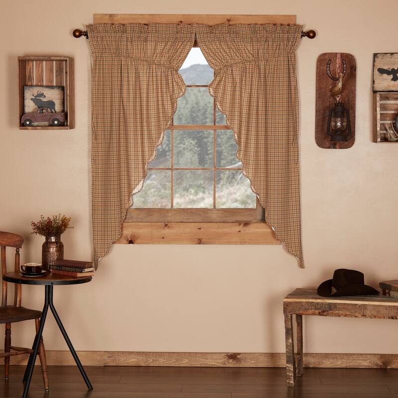 Tan Rustic Curtains Prairie Panel Pair Rod Pocket Cotton Plaid - 63x36