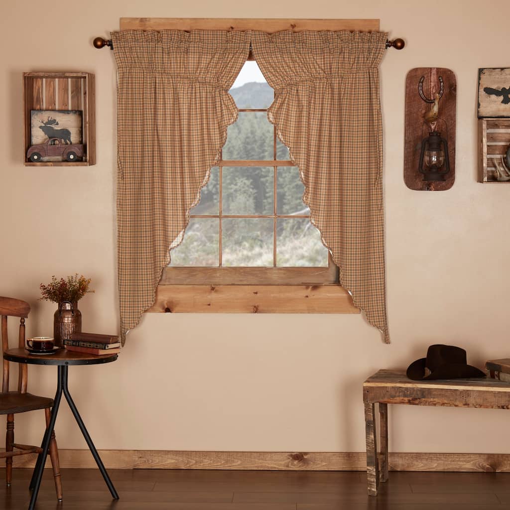Tan Rustic Curtains Prairie Panel Pair Rod Pocket Cotton Plaid - 63x36