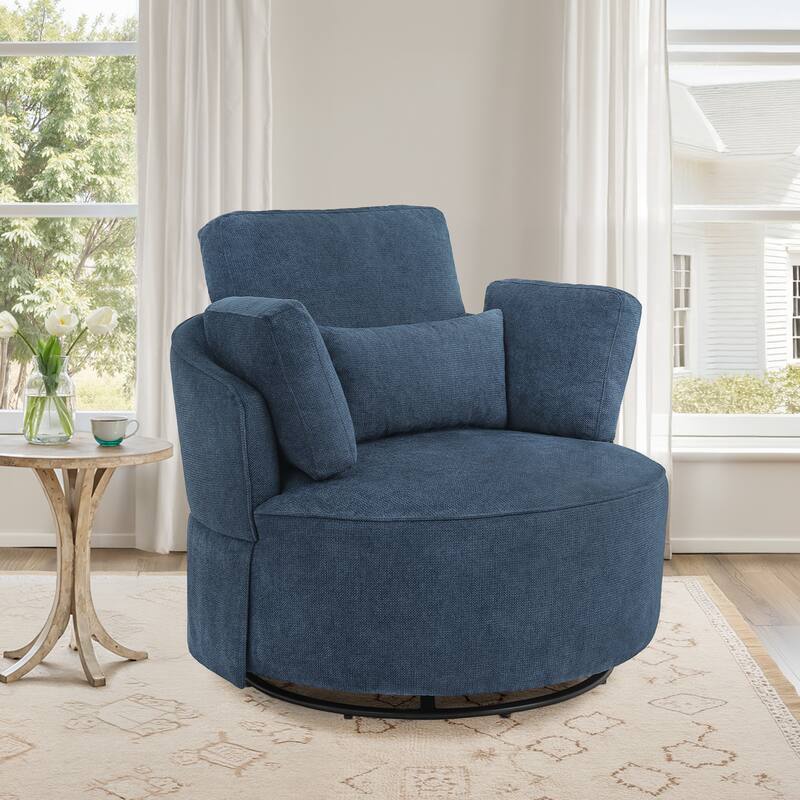Modern Upholstered Swivel Accent Chair Round Chair with Pillows Single Sofa Chair Chenille Armchair for Living Room - Blue - Single