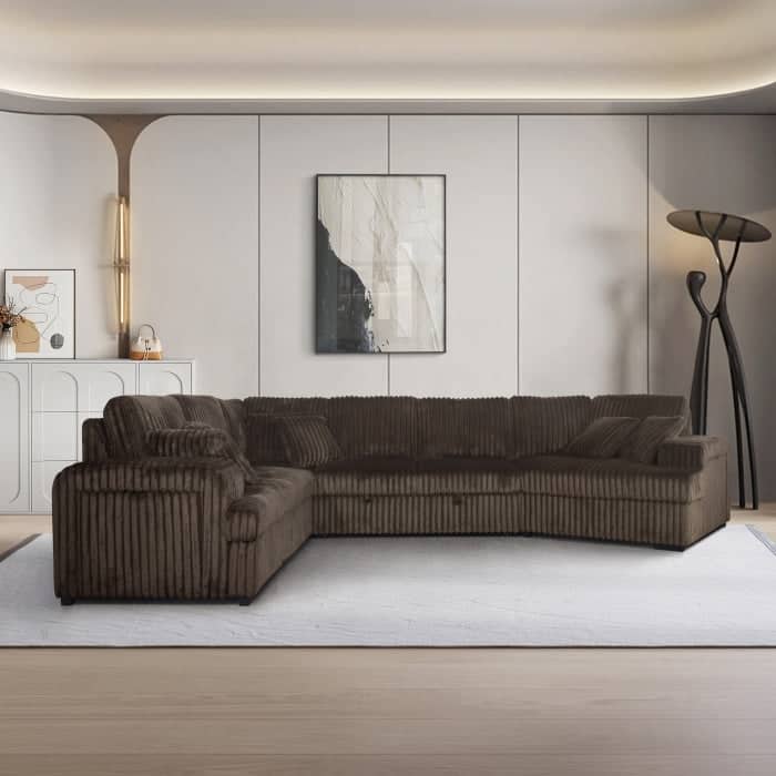 Modern Right Facing Half U-Shaped Pull Out Sectional Sofa with Storage Armrest, USB Port and Pillows