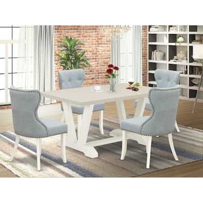 HomeStock 5-Piece Rectangle Natural Oak Finish Solid Speckled Top Dining Table with 4 Baby Blue Parson Chair