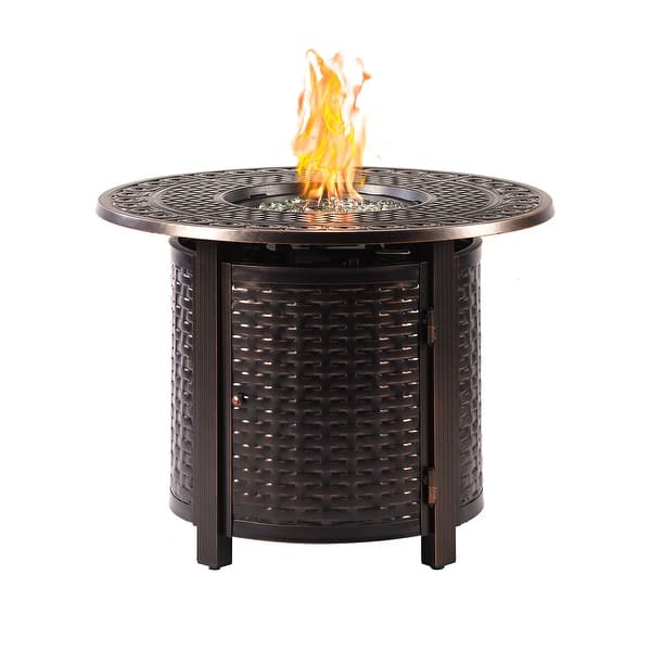 slide 2 of 31, Round 34 in. x 34 in. Aluminum Propane Fire Pit Table with Glass Beads, Two Covers, Lid, 37,000 BTUs Gold/Black