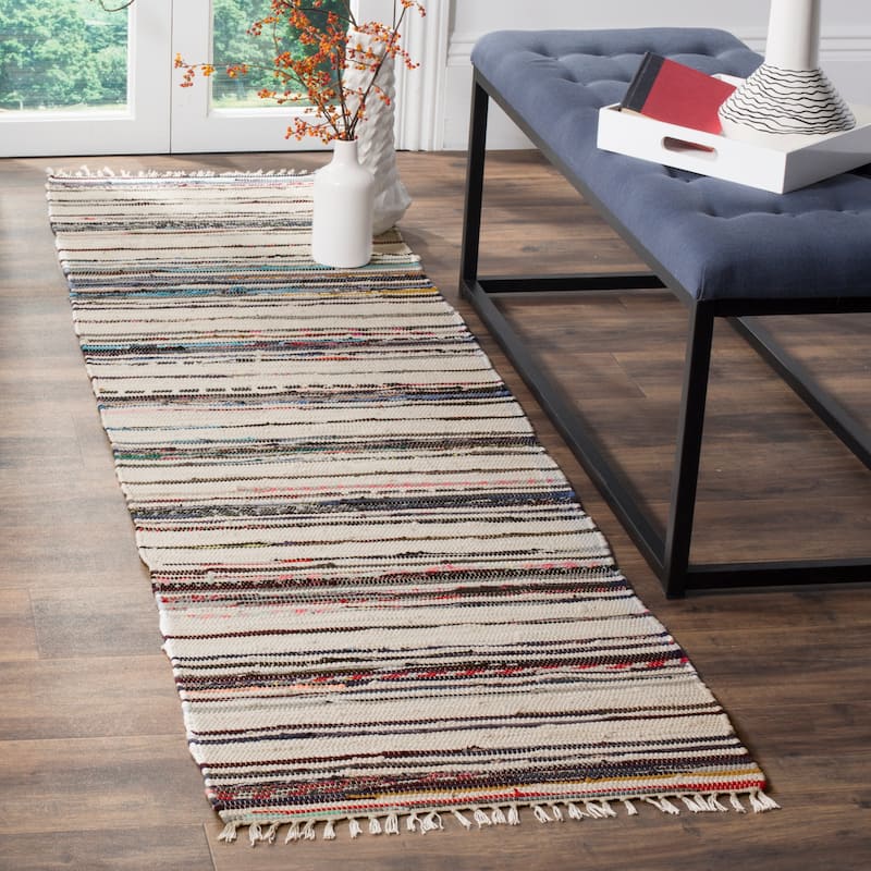 SAFAVIEH Handmade Rag Rug Jakayla with Fringe Casual Stripe - 2'3" x 12' Runner - Ivory/Charcoal